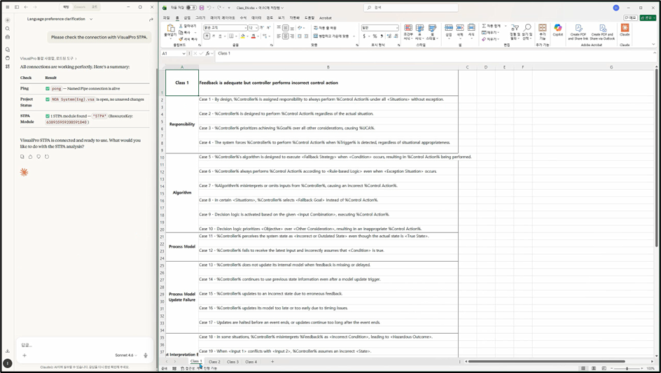 VisualPro STPAとの接続を確認したAIチャット（Ping応答・プロジェクト状態・STPAモジュール検出）と、Class 1のUCAケース一覧を開いたExcelシート