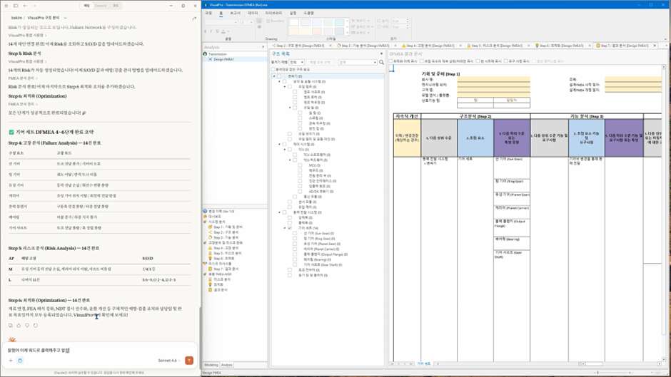 DFMEAのStep 4〜6完了を要約したAIチャットと、VisualProの構造リストおよびAIAG-VDA 7ステップDFMEAワークシート
