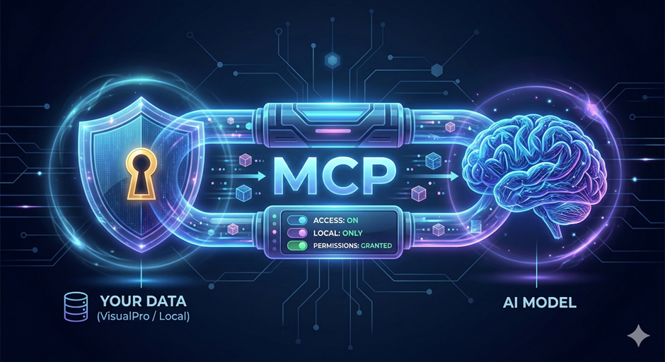 自社データ（VisualPro／ローカル）を盾で保護したままMCPを通じてAIモデルへ接続する概念図。アクセスON・ローカル限定・権限許可の状態表示付き
