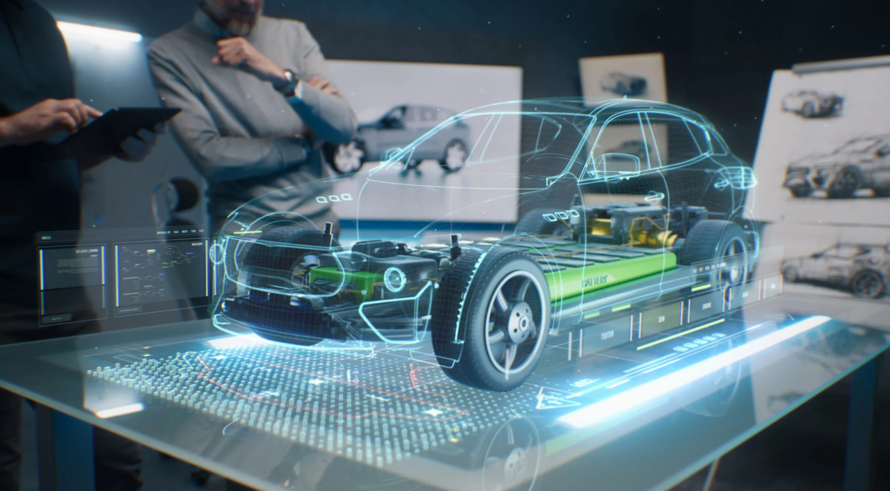電気自動車のシャシーとバッテリー設計をホログラムで検討するエンジニア — 自動車設計データに基づく AI 安全分析のイメージ