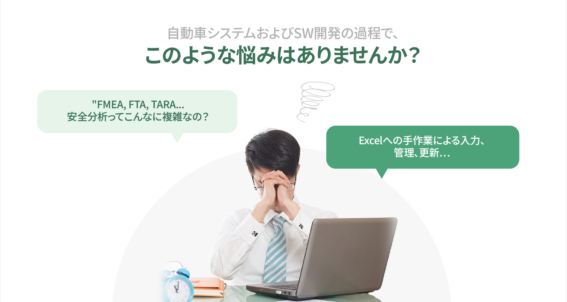 自動車システムおよびSW開発で FMEA・FTA・TARA の安全分析を Excel に手作業で入力・管理する難しさを表したイラスト
