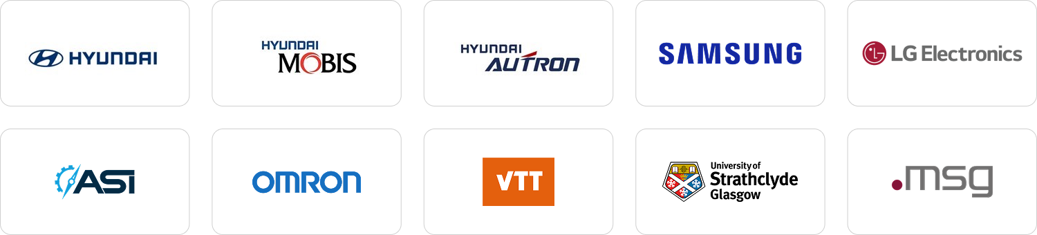 VWAY 顧客企業のロゴ — 現代自動車、現代モービス、現代オートロン、サムスン、LG電子、ASI、オムロン、VTT、ストラスクライド大学グラスゴー、msg