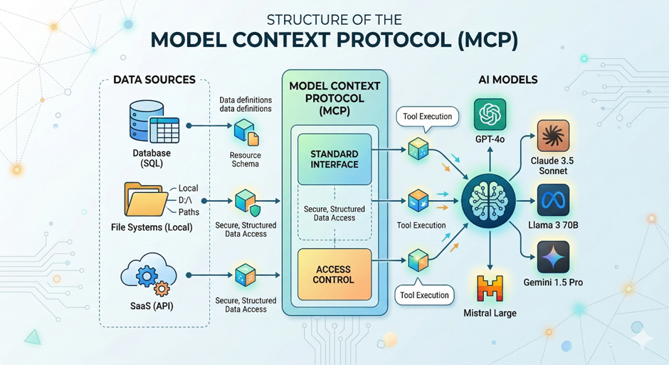 Model Context Protocol（MCP）の構造図。SQLデータベース・ローカルファイル・SaaS APIのデータソースが標準インターフェースとアクセス制御を経て、GPT-4o・Claude 3.5 Sonnet・Llama 3 70B・Gemini 1.5 Pro・Mistral LargeなどのAIモデルへつながる