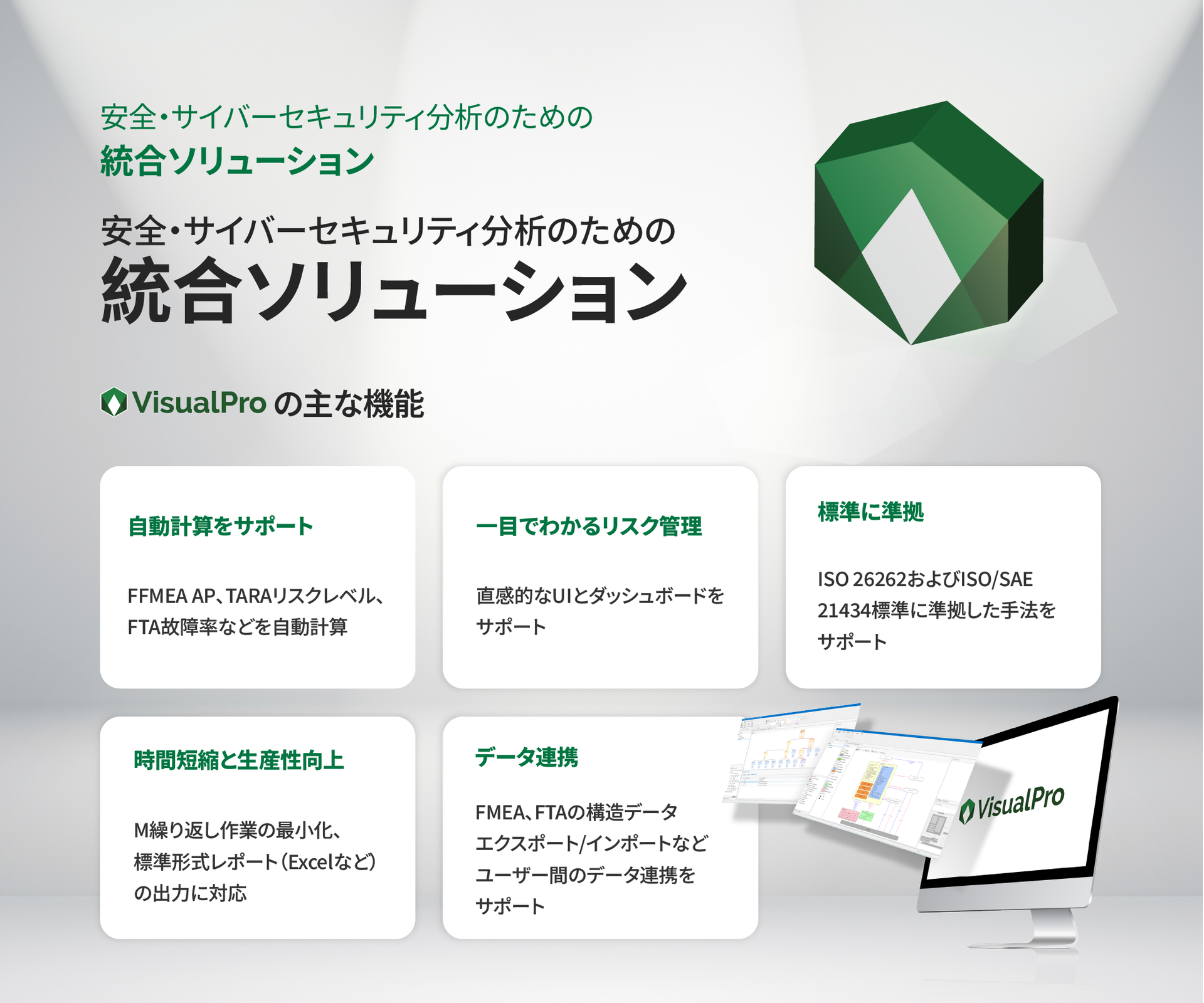 VisualPro の主な機能 — FMEA AP・TARAリスクレベル・FTA故障率の自動計算、一目でわかるリスク管理、ISO 26262 および ISO/SAE 21434 への準拠、時間短縮と生産性向上、データ連携