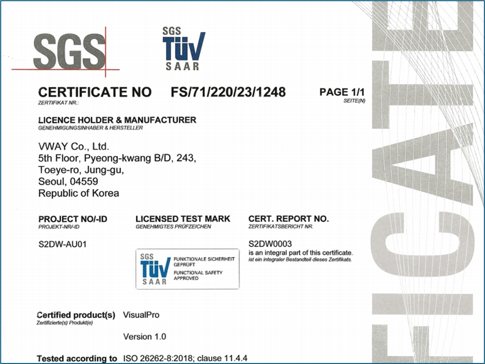 VisualPro 1.0のSGS-TÜV Saar機能安全認証書（ISO 26262-8:2018 第11.4.4項、認証番号FS/71/220/23/1248）