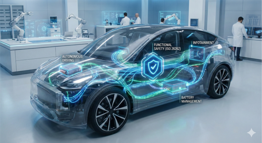 研究施設に置かれた透過表現の電気自動車に、自動運転・機能安全（ISO 26262）・インフォテインメント・バッテリー管理の各領域をハイライトしたイラスト