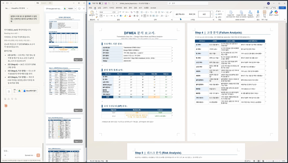 AIが作成したDFMEA分析報告書と、プロジェクト情報・リスク集計・AP優先度分布・故障分析を収めたWord文書のプレビュー